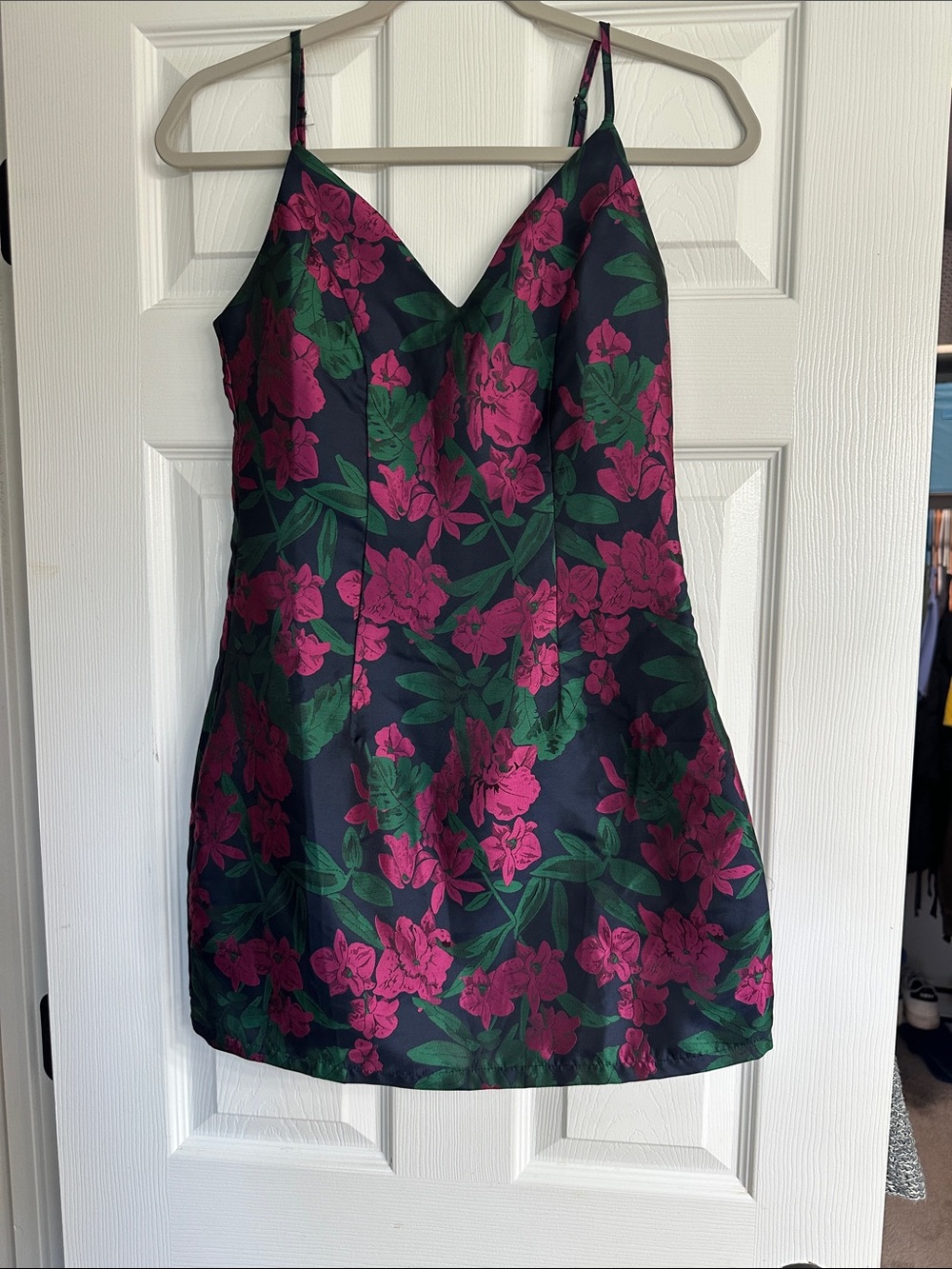 Lulu's Black Mini Slip Dress with Pink Floral and Green Leaves
